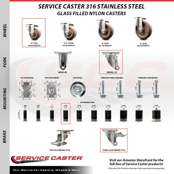 Service Caster 3 Inch 316SS High Temp Glass Filled Nylon 1-1/8 Inch Stem Caster Lock Brake SCC SCC-SS316TTLEX20S314-GFNSHT-118 - main
